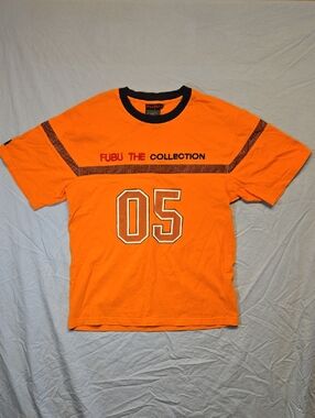 Fubu Orange Short Sleeve T-Shirt with '05' Jersey Style Front Graphic Y2K